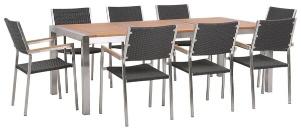 Nyolcszemélyes étkezőasztal eukaliptusz asztallappal és fekete rattanszékekkel GROSSETO
