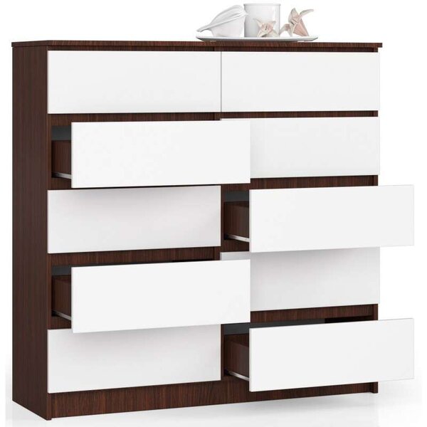 Akord - K120 10 Fiókos Szabadon Álló Fiókos Komód Wenge/Fehér, 120x121x40 cm, Laminált Lemez, ABS Élek, Összeszerelés Szükséges, Modern Mat Felületűbő, Széf Szintű Zárral