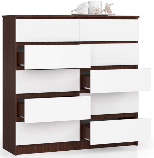 Akord - K120 10 Fiókos Szabadon Álló Fiókos Komód Wenge/Fehér, 120x121x40 cm, Laminált Lemez, ABS Élek, Összeszerelés Szükséges, Modern Mat Felületűbő, Széf Szintű Zárral