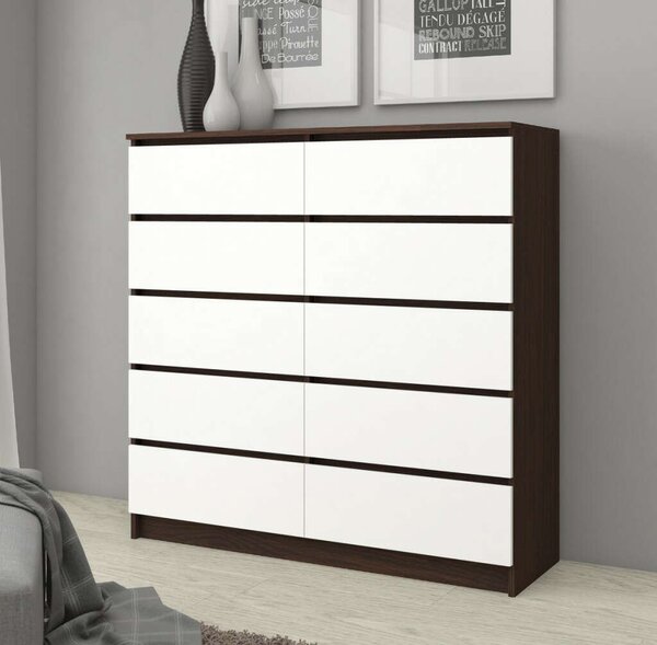 Akord - K120 10 Fiókos Szabadon Álló Fiókos Komód Wenge/Fehér, 120x121x40 cm, Laminált Lemez, ABS Élek, Összeszerelés Szükséges, Modern Mat Felületűbő, Széf Szintű Zárral