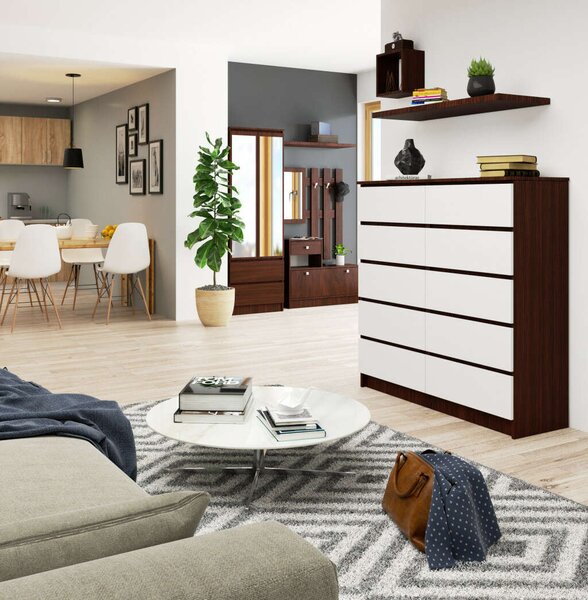 Akord - K120 10 Fiókos Szabadon Álló Fiókos Komód Wenge/Fehér, 120x121x40 cm, Laminált Lemez, ABS Élek, Összeszerelés Szükséges, Modern Mat Felületűbő, Széf Szintű Zárral
