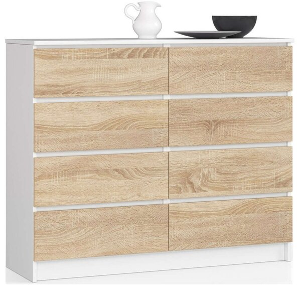 Akord 120 cm-es 8 fiókos Komód, fehér/dió Sonoma, laminált, CLP rendszerű, önállóan összeszerelhető, ABS élzárás, modern álló szekrény