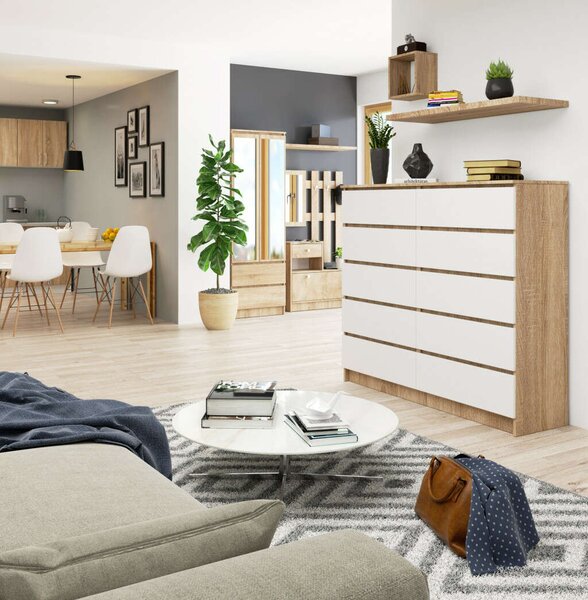 Akord Komód K140 10SZ Diófa Sonoma/Borító Fehér 138x121x40 cm 10 Fiókos Mat Bef. Szekrény