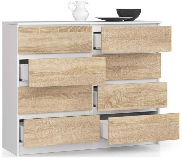 Akord 120 cm-es 8 fiókos Komód, fehér/dió Sonoma, laminált, CLP rendszerű, önállóan összeszerelhető, ABS élzárás, modern álló szekrény