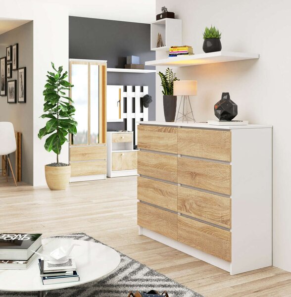 Akord 120 cm-es 8 fiókos Komód, fehér/dió Sonoma, laminált, CLP rendszerű, önállóan összeszerelhető, ABS élzárás, modern álló szekrény