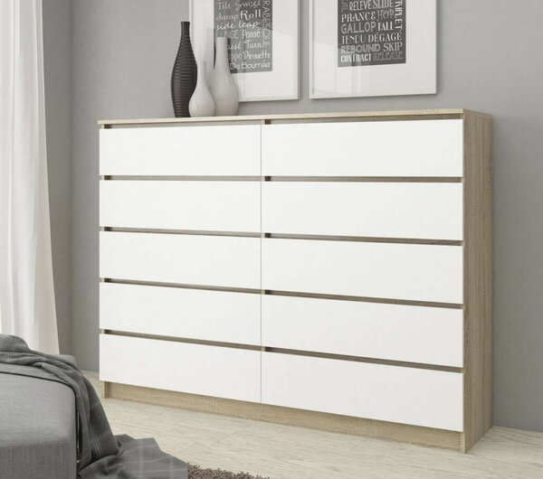 Akord K160 Fiókos Komód - 10 Szekrény, Sonoma tölgy/Fehér, CLP Rendszerű Bútor, Laminált Lemez, 160x121cm, Fehér Matt Front, Összeszerelhető, ABS Élzárással