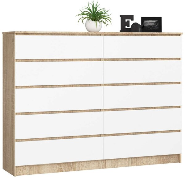 Akord K160 Fiókos Komód - 10 Szekrény, Sonoma tölgy/Fehér, CLP Rendszerű Bútor, Laminált Lemez, 160x121cm, Fehér Matt Front, Összeszerelhető, ABS Élzárással