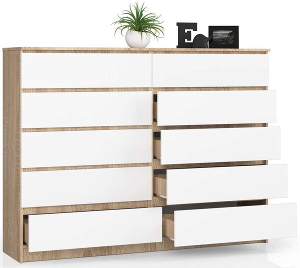 Akord K160 Fiókos Komód - 10 Szekrény, Sonoma tölgy/Fehér, CLP Rendszerű Bútor, Laminált Lemez, 160x121cm, Fehér Matt Front, Összeszerelhető, ABS Élzárással