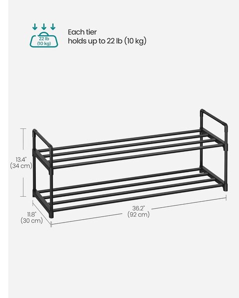 2 szintes cipőtartó állvány, fém tárolópolc, 8–10 pár cipőhöz, 30 x 92 x 34 cm, fekete
