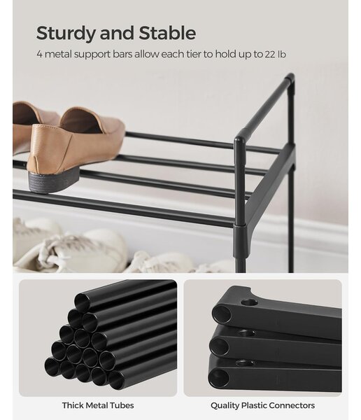2 szintes cipőtartó állvány, fém tárolópolc, 8–10 pár cipőhöz, 30 x 92 x 34 cm, fekete
