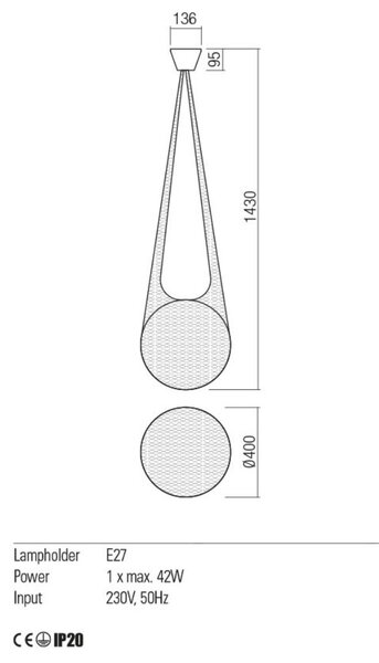 BORSA függőlámpa, fekete, opál, 40cm