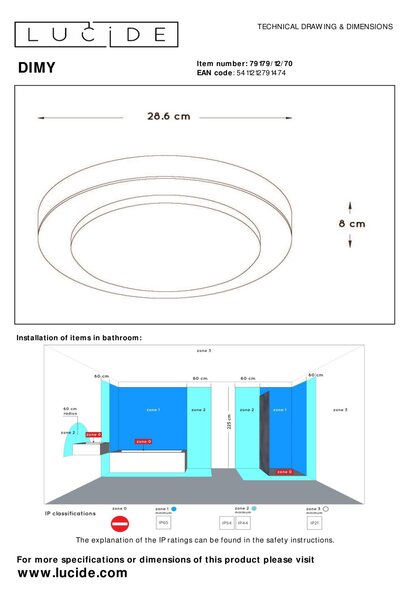 DIMY - fürdőszobai mennyezeti lámpa - Ø 28,6 cm - 1x12W 3000K - IP21 - touch dimmer - natúr