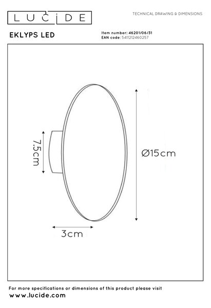 EKLYPS LED fali lámpa - Ø 15 cm 1x7W 3000K - fehér színben