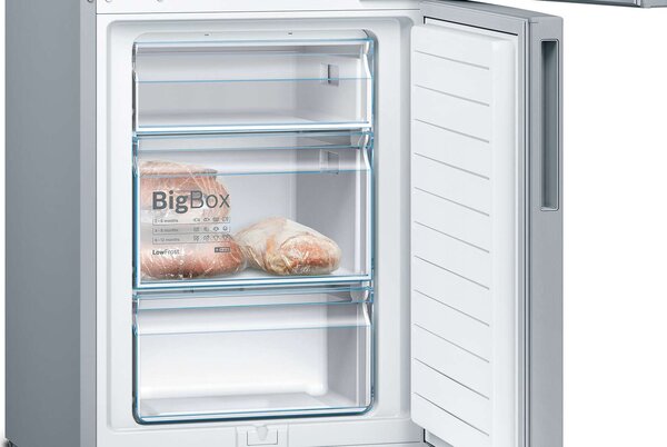Bosch KGV36VLEAS Alulfagyasztós hűtőszekrény, 308L, M:186cm, LowFrost, VitaFresh fiók, E energiaosztály, Inox
