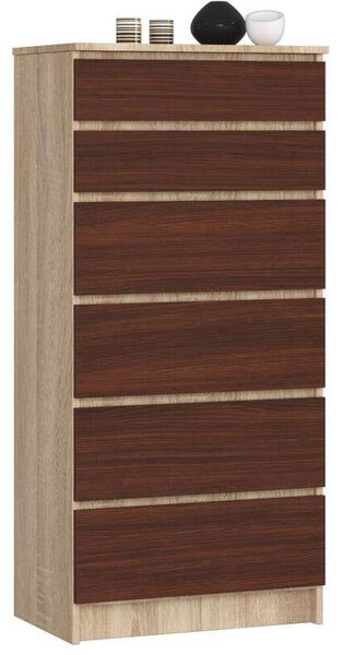 Akord Sonoma Dió Komód 5 Fiókos 60x121x40 cm, CLP Modern Matt Bútorlap, Wenge Front, Összeszerelhető Tárolószekrény