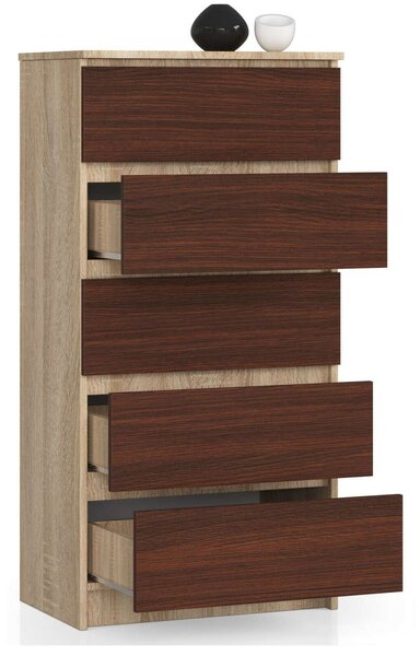Akord Sonoma Dió Komód 5 Fiókos 60x121x40 cm, CLP Modern Matt Bútorlap, Wenge Front, Összeszerelhető Tárolószekrény