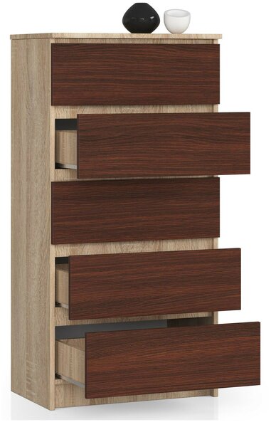 Akord Sonoma Dió Komód 5 Fiókos 60x121x40 cm, CLP Modern Matt Bútorlap, Wenge Front, Összeszerelhető Tárolószekrény