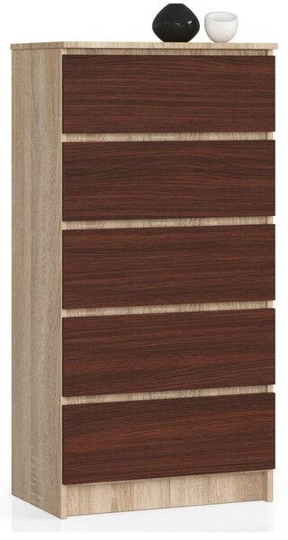 Akord Sonoma Dió Komód 5 Fiókos 60x121x40 cm, CLP Modern Matt Bútorlap, Wenge Front, Összeszerelhető Tárolószekrény