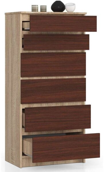 Akord Sonoma Dió Komód 5 Fiókos 60x121x40 cm, CLP Modern Matt Bútorlap, Wenge Front, Összeszerelhető Tárolószekrény