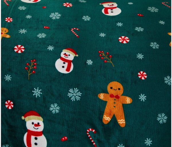 SNOWMAN AND GINGERBREAD zöld mikroplüss ágynemű + SOFT fekete mikroplüss lepedő 90x200 cm