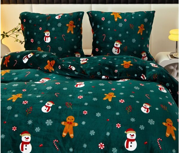 SNOWMAN AND GINGERBREAD zöld mikroplüss ágynemű + SOFT fekete mikroplüss lepedő 90x200 cm
