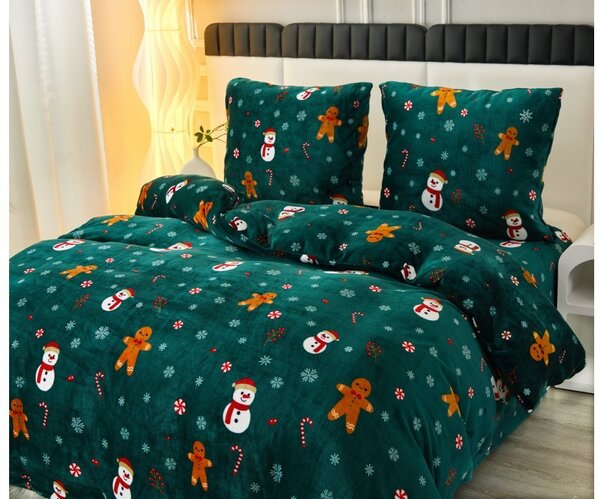 SNOWMAN AND GINGERBREAD zöld mikroplüss ágynemű + SOFT fekete mikroplüss lepedő 90x200 cm