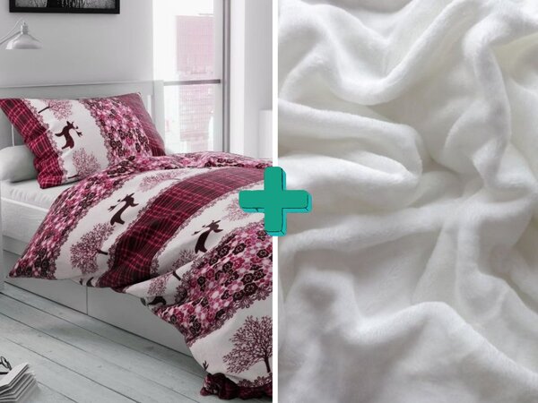 KARÁCSONYI RÉNSZARVAS bordó Mikroplüss ágynemű + SOFT fehér mikroplüss lepedő 90x200 cm