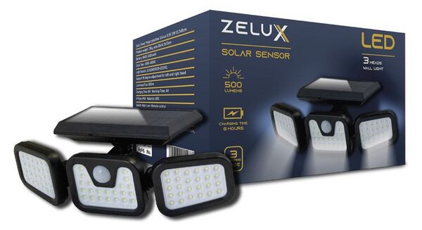 Zelux napelemes fali kültéri lámpa mozgásérzékelővel 3 világító egységgel