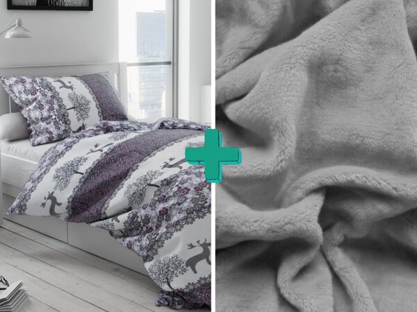 KARÁCSONYI RÉNSZARVAS szürke mikroplüss ágynemű + SOFT világosszürke mikroplüss lepedő 90x200 cm