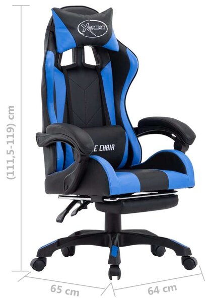 Gamer szék - Kék-Fekete - Műbőr - Lábtartóval