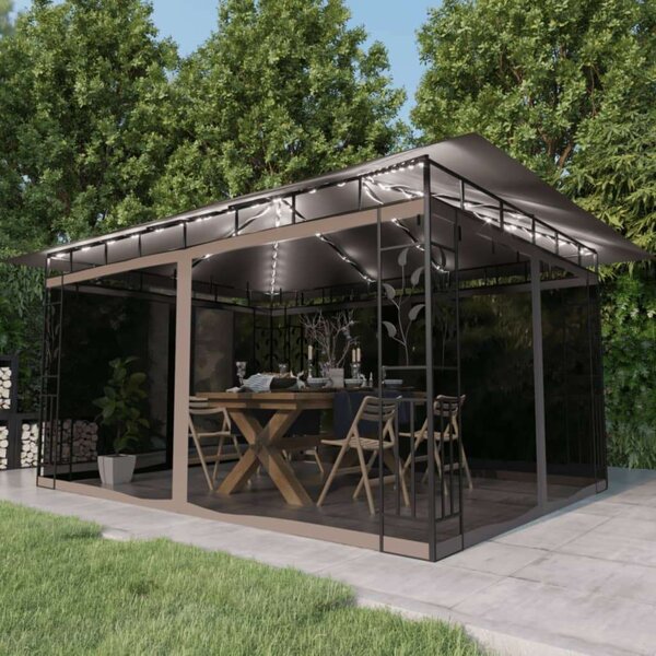 VidaXL tópszínű pavilon szúnyoghálóval/LED fényfüzérrel 4 x 3 x 2,73 m