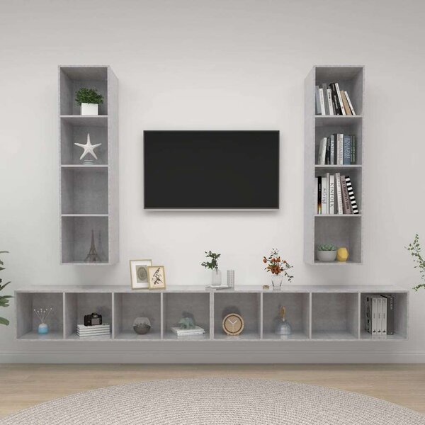 VidaXL 4 db betonszürke szerelt fa falra szerelhető TV-szekrény