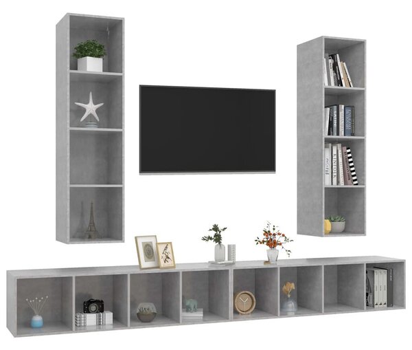VidaXL 4 db betonszürke szerelt fa falra szerelhető TV-szekrény