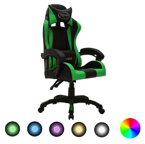 VidaXL zöld és fekete műbőr Gamer szék RGB LED-világítással