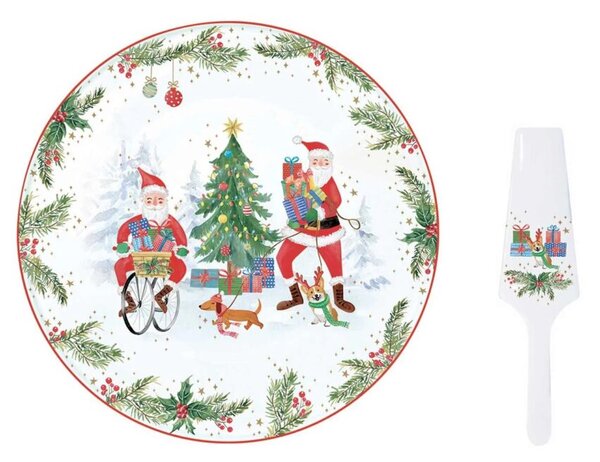 Karácsonyi porcelán tortatál lapáttal - 32cm - Joyful Santa