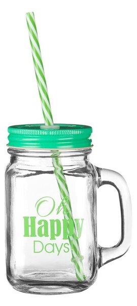 Happy Days üvegpohár zöld fedéllel és szívószállal, 450 ml - Premier Housewares