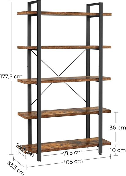 VASAGLE Rusztikus Fa Könyvespolc - 5 Polc - 105x33,5x177,5cm