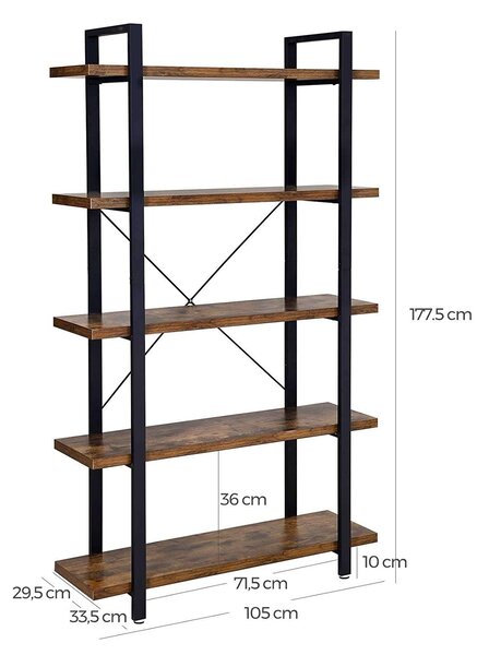 VASAGLE Rusztikus Fa Könyvespolc - 5 Polc - 105x33,5x177,5cm