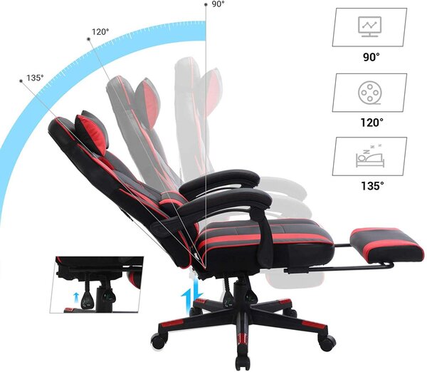 Songmics Ergonómikus Gamer szék lábtartóval - fekete-piros