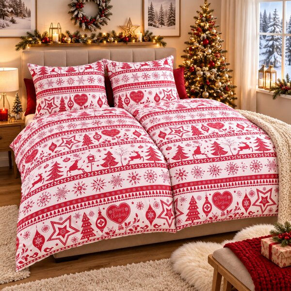 Karácsonyi Christmas piros pamut ágyneműhuzat TiaHome - 1x Párna 90x70cm, 1x Paplan 140x200cm