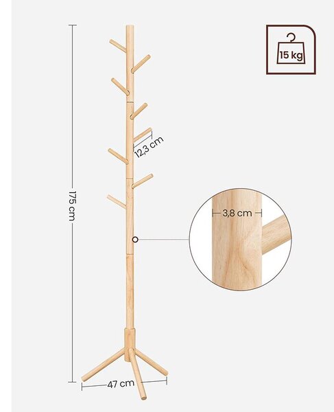 Tömör fa kabáttartó 8 kampóval 175cm magas