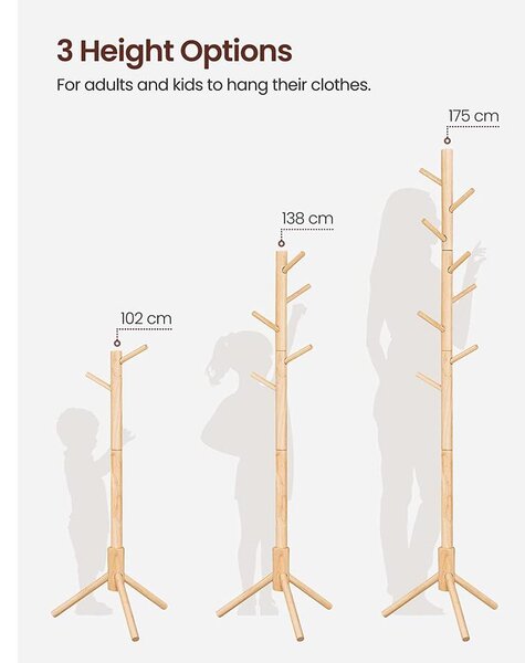 Tömör fa kabáttartó 8 kampóval 175cm magas