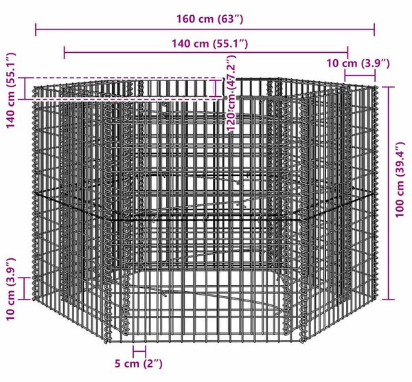 VidaXL Hatszögletű Gabion Magaságyás - 160x140x100 cm