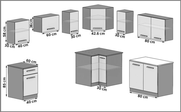 Konyhabútor Belini 360 cm fehér fényű, munkalappal INF LIDIAUNIQA2/5/WT/W/0/B1