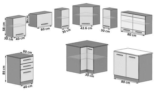 Konyhabútor 360 cm fehér fényű fekete fényű munkalap nelkül INF LIDIA2/4/WT/WB/BB/B1