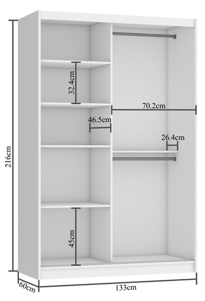 Tolóajtós szekrény 133 cm Belini fehér matt tükörrel M SZP2/2/W/WI/L/HI