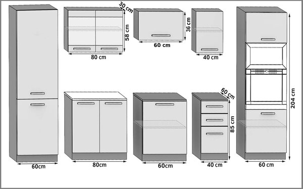 Konyhabútor Belini 300 cm fehér fényű fekete fényű, munkalappal INF SYNTKA2/5/WT/WB/0/B1