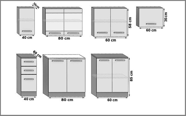 Konyhabútor 240 cm fehér fényű fekete fényű munkalap nelkül INF ELLA2/4/WT/WB/BB/B1