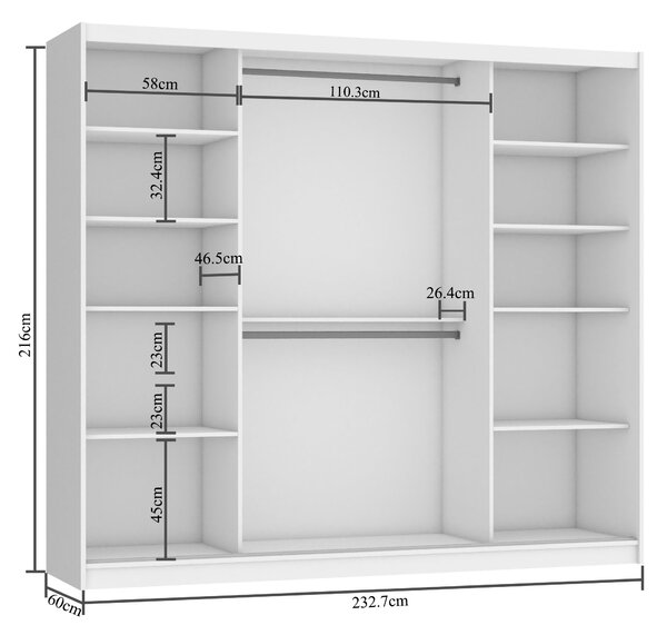Tolóajtós szekrény 232 cm Belini fehér matt / tölgy sonoma tükörrel SI SZP4/2/1W/3DS/0/AL
