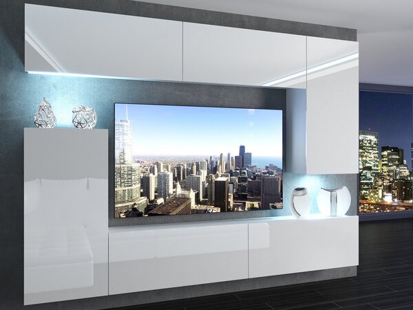 Szekrénysor 250 cm TV/RTV fehér fényű IMP 8/5/W/W/0/0